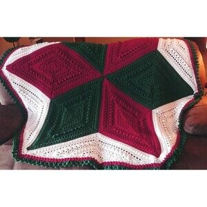 Christmas Geometric Flower Crocheted Forest Green Cranberry White Throw/Blanket